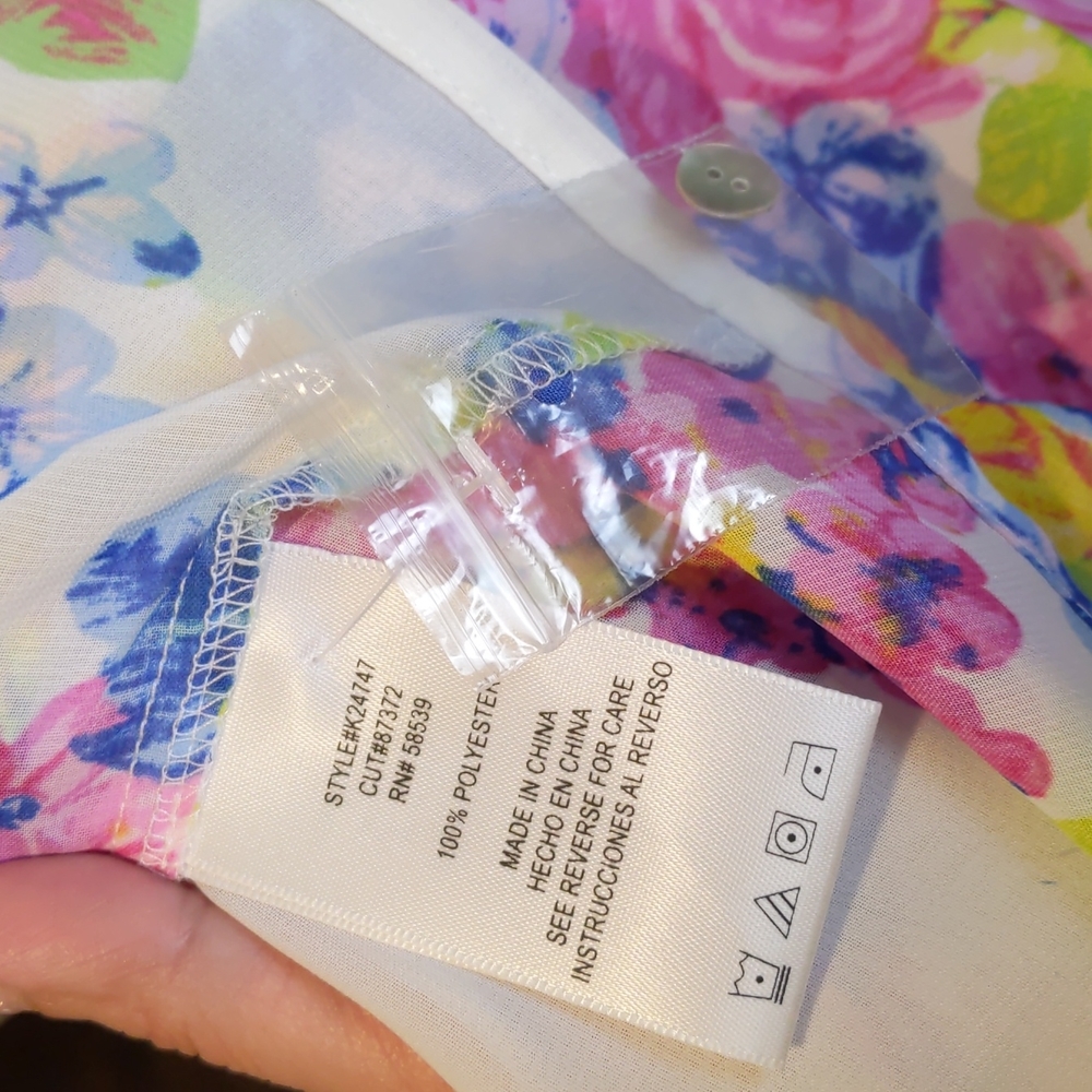 Floral Print Button-Up Blouse - White with Pink, Yellow & Blue - Picture 8 of 8